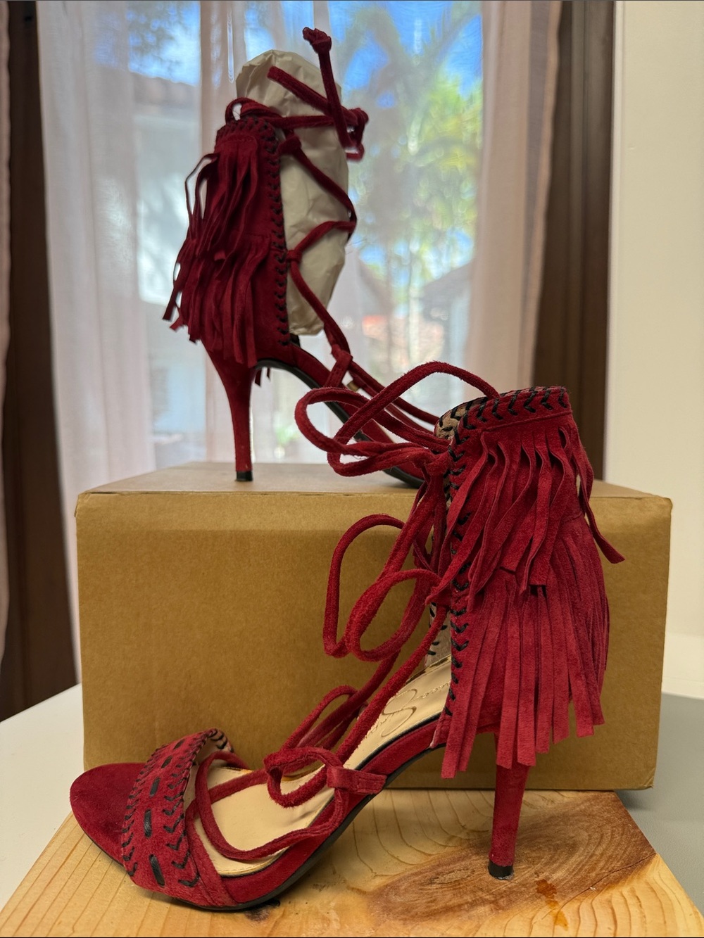 Jessica Simpson Mareya fringe heels in a raging red suede